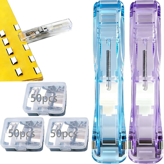 Portable Binder Clip Stapler - Includes 200 Reusable Clips,Reusable Binder Clip Stapler for Document Receipts Sealsnacks,Refillable Office Staplers Set (Blue-Purple(Include 150pcs Clips))