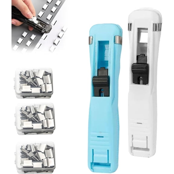 Portable Binder Clip Stapler - Includes 50 Reusable Clips, Handheld Paper Clam Clip Dispenser, Reusable Fast Paper Clipper for Office Home(White+Blue)