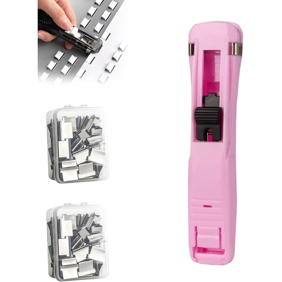 Portable Binder Clip Stapler - Includes 50 Reusable Clips, Handheld Paper Clam Clip Dispenser, Reusable Fast Paper Clipper for Office Home(Pink)