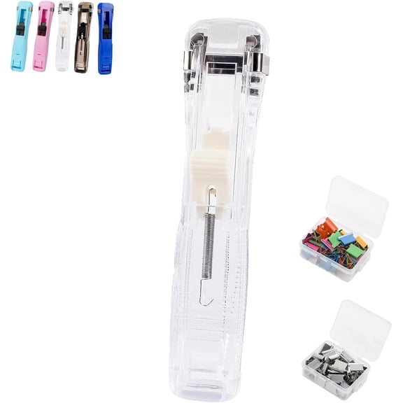 Portable Binder Clip Stapler - Includes 58 Reusable Clips, Mini Push Stapler Clamp Staplers, Handheld Paper Clam Clips Dispenser