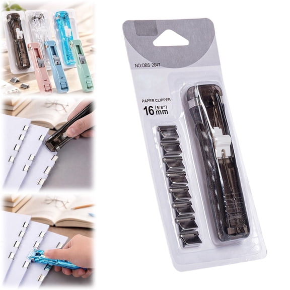 Portable Binder Clip Stapler - Includes 66Reusable Clips, Handheld Paper Clam Clip Dispenser, Reusable Fast Paper Clipper for Office Home