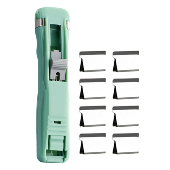Portable Binder Clip Stapler, Includes 8 Reusable Clips, Handheld Paper Clam Clip Dispenser, Mini Push Stapler Clamp Staplers for Desktop Document Home Office, 1set, Easy to Use(Green,4.5x1")