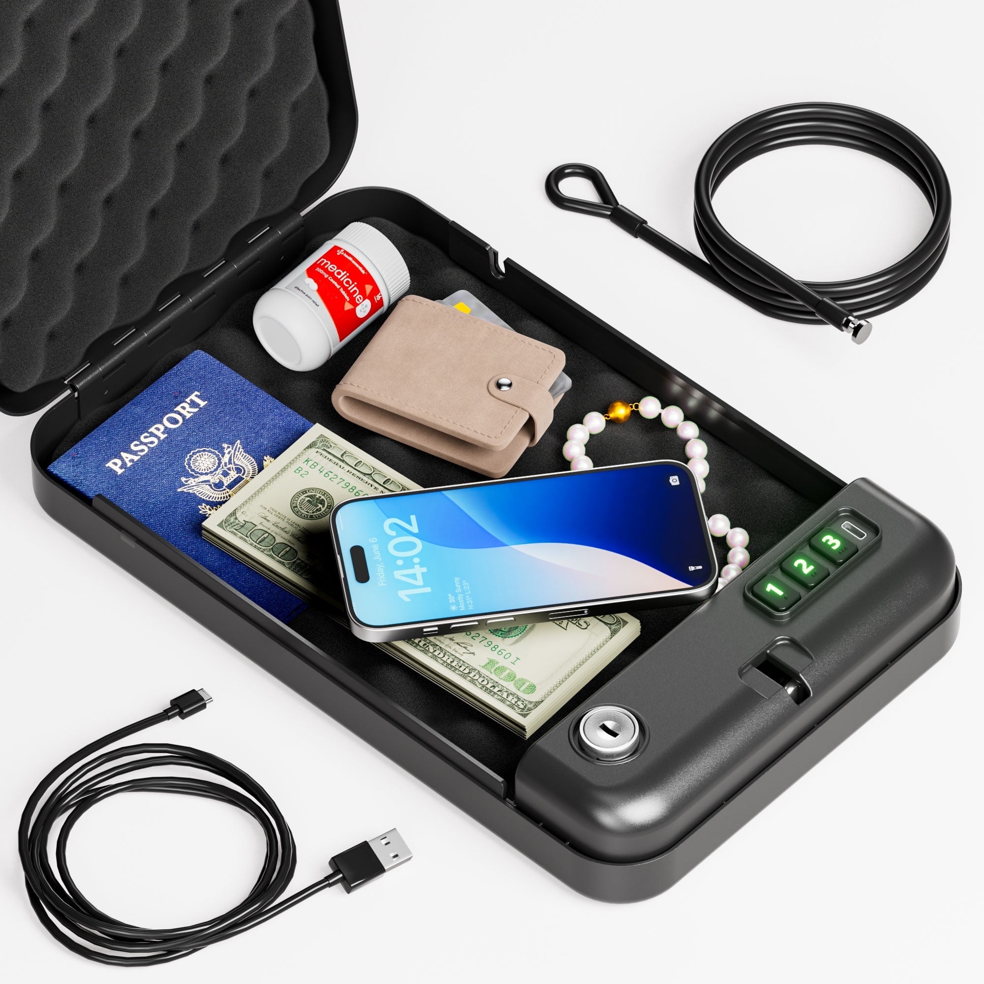 Portable Biometric Security Safe Compact Electronic Lock Box with Key Access & Silent Mode, Small Travel Safe for Car, Office, or Dorm Valuables