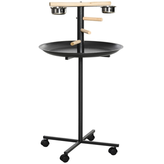 Portable Bird Play Stand with Wheels, Round Tray Parrot Perch Feeder Station, Metal Frame Bird Stand with Wooden Perches and 2 Stainless Steel Feeding Bowls