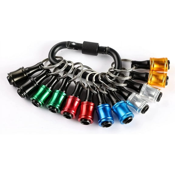 Portable Bit holder Keychain, 12 pcs 1/4 inch Hex Shank Screwdriver Bits Retainer W/Black Carabiner, Light-weight Extension Bar Drill Screw Adapter Quick-change Bit Catcher (5 Colors)