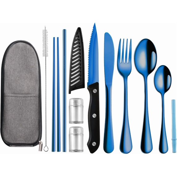 Portable Black Flatware Set 10 Piece Reusable Travel Cutlery Eco Friendly