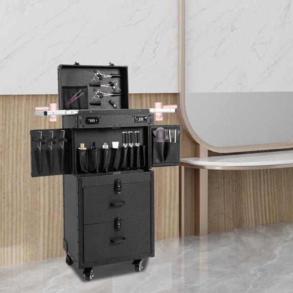 Portable Black Makeup Trolley 38.52582.5cm, PU/Wood/Metal, Lockable Drawers, 4 Lockable Casters, MultiLayer Storage, EasyAssemble
