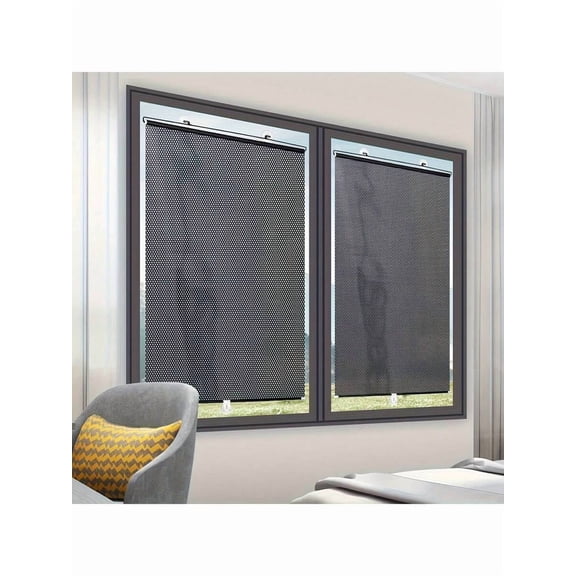 Portable Black Mesh Roller Blinds with Suction Cups, 2 Pack Cordless No-Drill Privacy Sunshade for Windows, Car, RV and Home Office, Black