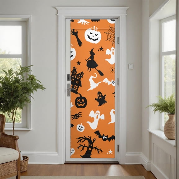 Portable Blackout Door Curtain with Halloween Aesthetic - Witch Wizard Bat Design, Magic-Tape for Quick Setup, Great for Renters