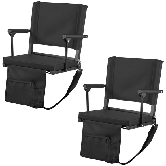 Portable Bleacher Seat with Armrests & Cup Holder - Black Iron Folding Stadium Chair for Sports Events - 2 Pack Patio Seating