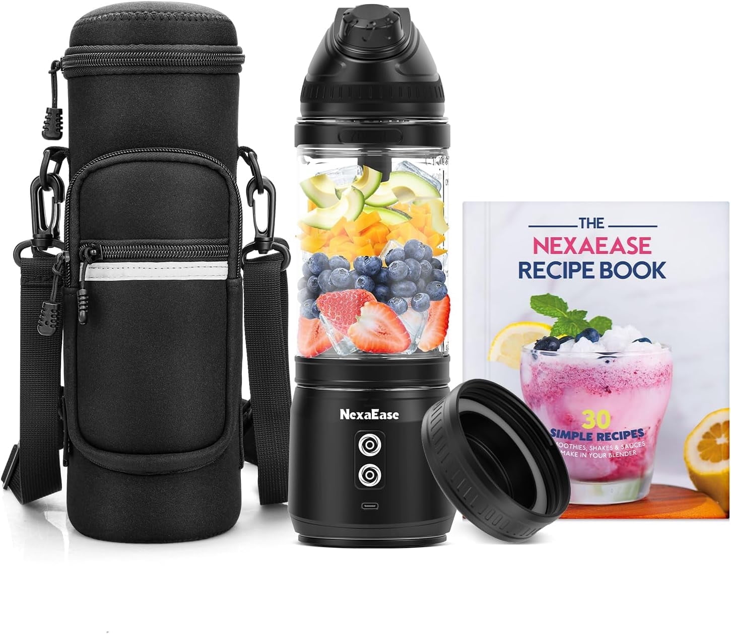 Portable Blender with Insulated Carrying Case & Recipe Book for Shakes and Smoothies, 20 OZ Personal Juicer Electric Protein Shaker Bottle, Mini Small Blender Cup with USB-C Rechargeable, Travel Lid