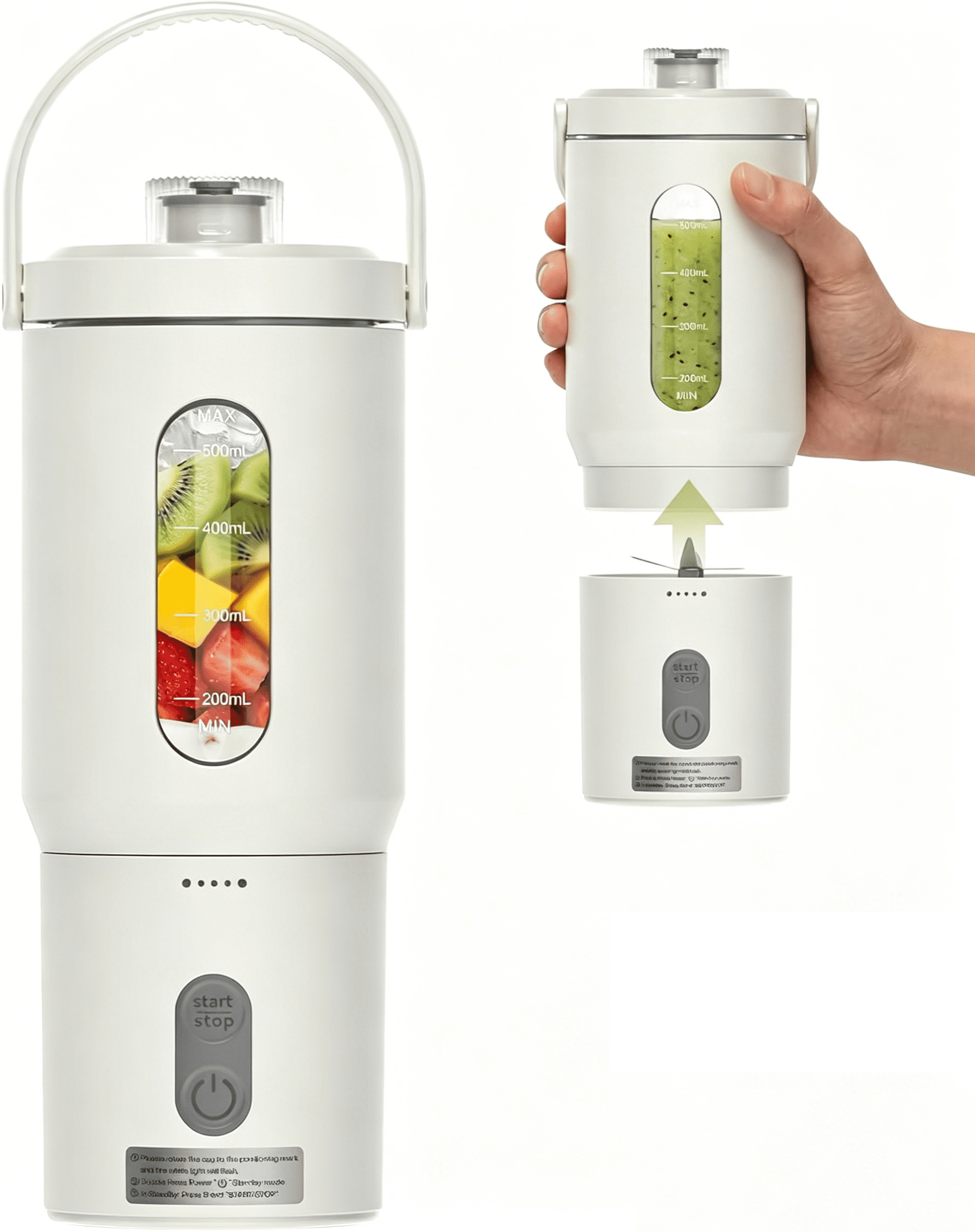 Portable Blender for Shakes and Smoothies, 17oz Personal Blender with Detachable To-Go Cup & Carry Handle, USB-C Rechargeable Mini Juicer, Auto-Shutoff, BPA Free, Dishwasher Safe, White