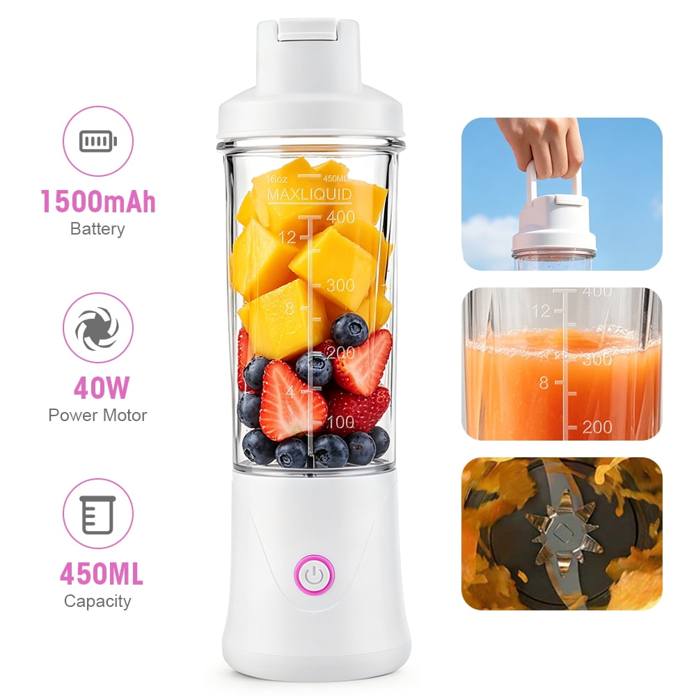 Flaremore 420ml Portable Blender for Shakes & Smoothies, USB Rechargeable Personal Blenders with 12 Blades,Digital LED Display,Mini Juicer Mixer with Handle Lid for Carrying, White