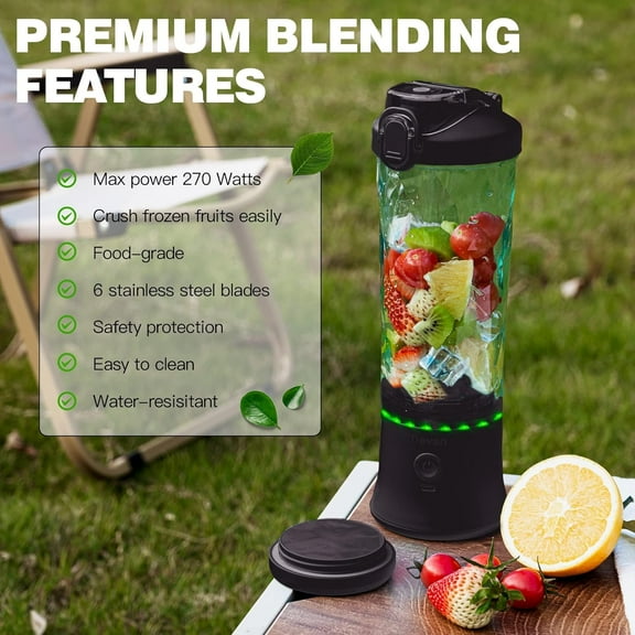 Portable Blender, Shakes and Smoothies Waterproof 20 oz  Blender Cup and a Travel Lid. (Black, 20 oz)