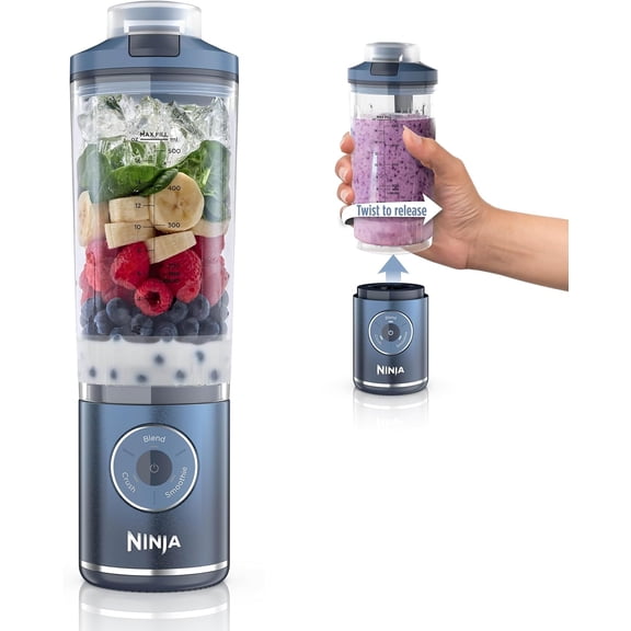 Portable Blender + Twist & Go, Personal Smoothie, Blend, Ice Crush, 3 Programs, Cordless, 22 oz removable Vessel, Dishwasher Safe, Leakproof, Navy