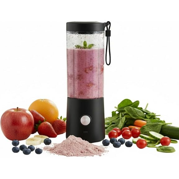 Portable Blender for Smoothies & Shakes 16oz Mini Personal Blender Bottle, USB-C Rechargeable & Self-Cleaning Black Perfect Holiday Gift
