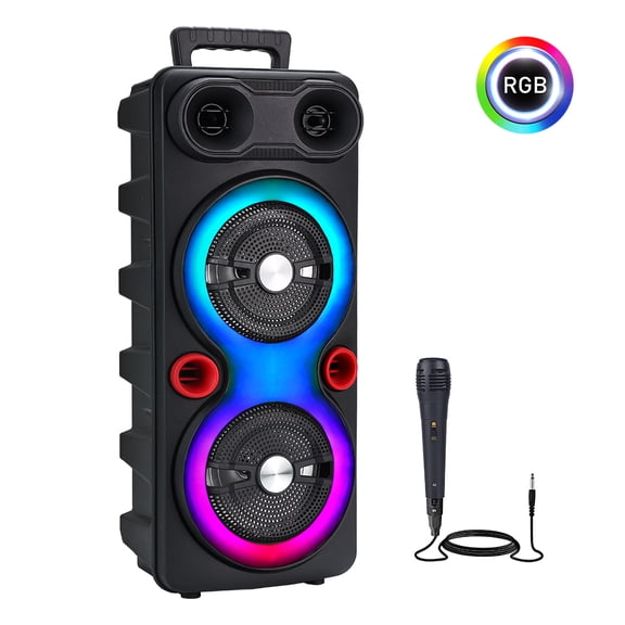 Portable Bluetooth 5.2 Party Speaker - 2x6.5" Heavy Bass Subwoofer, RGB Music-Sync Lights, TWS Function, Karaoke with Mic, FM Radio/USB/TF/3.5mm for Home Party, Beach & Camping