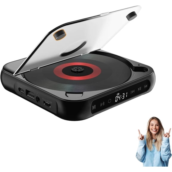 Portable Bluetooth CD Player with Hi-Fi Sound, Rechargeable for Wireless Playback in Travel, Home & Car (Black)