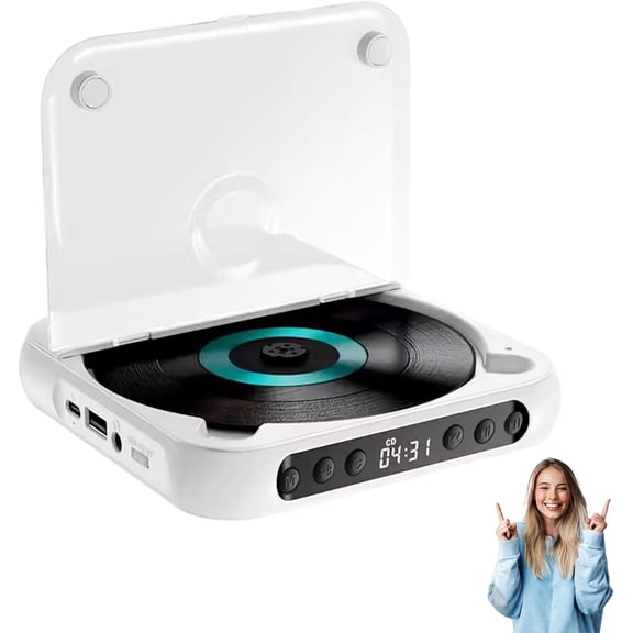 Portable Bluetooth CD Player with Hi-Fi Sound, Rechargeable for Wireless Playback in Travel, Home & Car (White)
