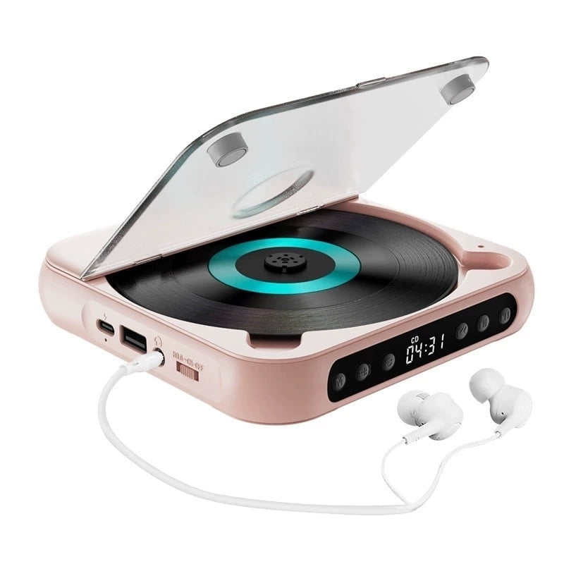 Portable Bluetooth CD player supports Hi-Fi sound quality wireless/wired playback rechargeable compact and portable suitable for travel home and car use (pink)
