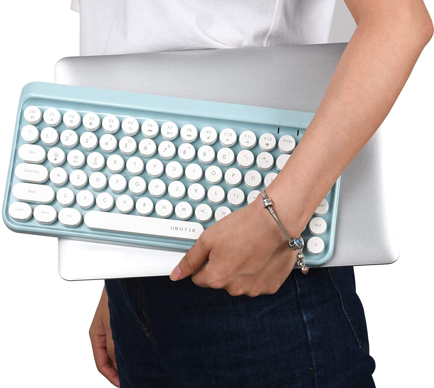 Portable Bluetooth Colorful Computer Keyboards, Wireless Mini Compact Retro Typewriter Flexible 84Keys Design Keyboard (Blue-White)