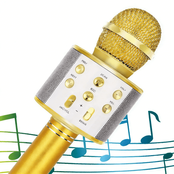 Portable Bluetooth Karaoke Microphone - 5-in-1 Handheld Karaoke Speaker with FM Radio, Voice Recorder & Remix Sound Effects for Home Parties, Singing & Gifts (Gold)