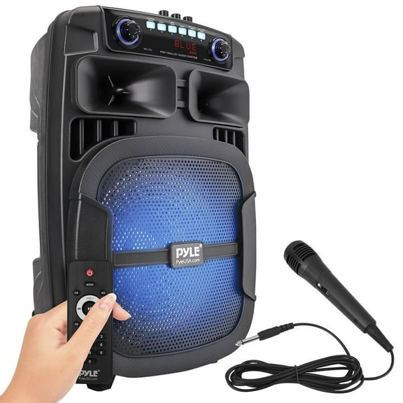 Portable Bluetooth PA Speaker System - 800W 12 Outdoor Bluetooth Speaker Portable PA System - Party Lights, USB SD Card Reader, FM Radio, Rolling Wheels - Wired microphone, Remote - Pyle PPHP128B