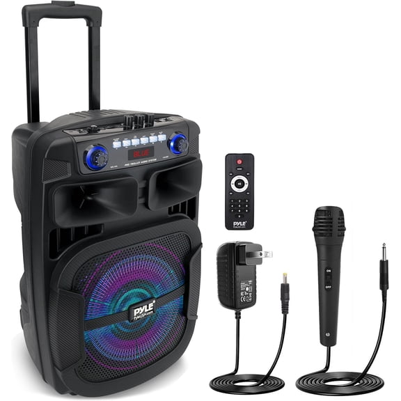 Portable Bluetooth PA Speaker System - 800W 12” Outdoor Bluetooth Speaker Portable PA System - Party Lights, USB SD Card Reader, FM Radio, Rolling Wheels - Wired microphone, Remote - Pyle PPHP128B