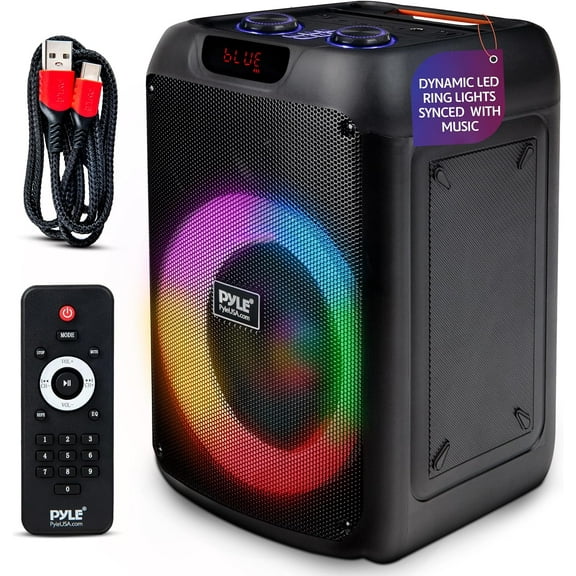 Portable Bluetooth Party Speaker with 8" Inch Woofer, TWS Function, 100W Rechargeable Battery, Mic Input, Echo, Bass & Treble Control, USB/SD/BT/FM Radio, LED Ring Lights, for Indoor/Outdoor Use