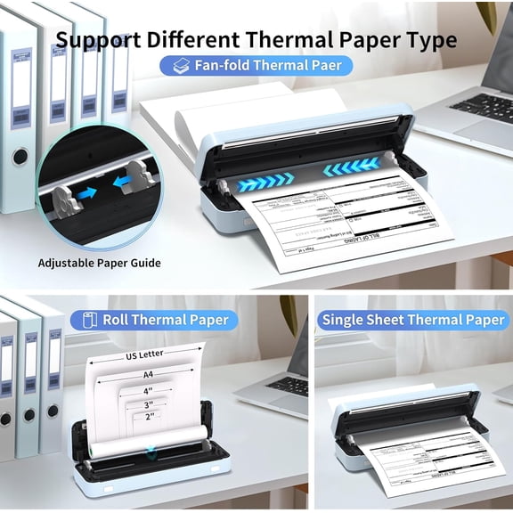 Portable Bluetooth Printer 300DPI Wireless Thermal Inkless for Travel Home Office A4 Paper Support Blue
