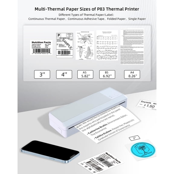 Portable Bluetooth Printer - Wireless Thermal Printer, Support Multi-Size Thermal Paper, Compatible with Android and iOS Phone & PC, 300DPI Inkless Printer for Travel, Office, School