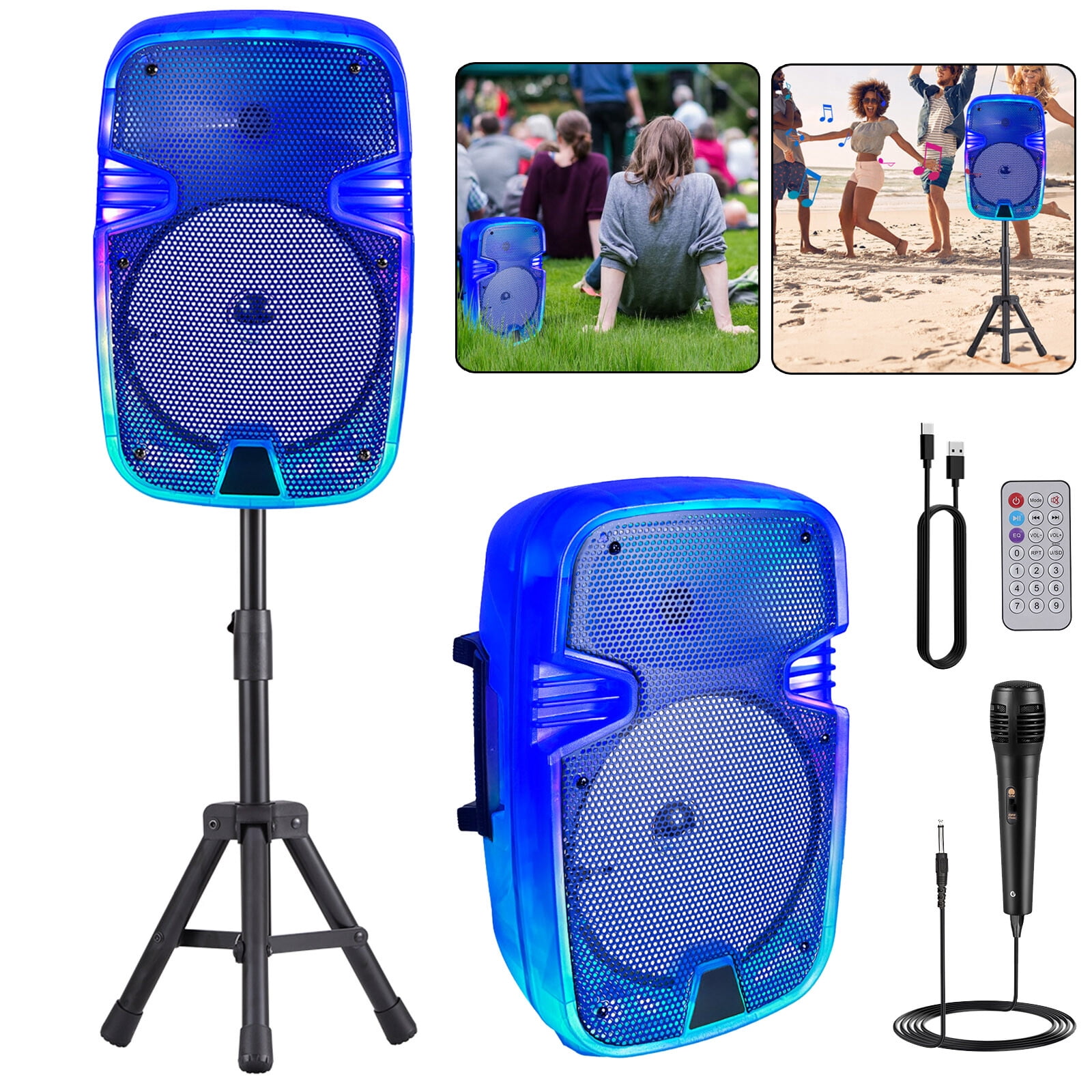 Portable Bluetooth Speaker 8" Woofer w/ Tripod Stand Microphone Remote Control Blue LED, Clear Shell