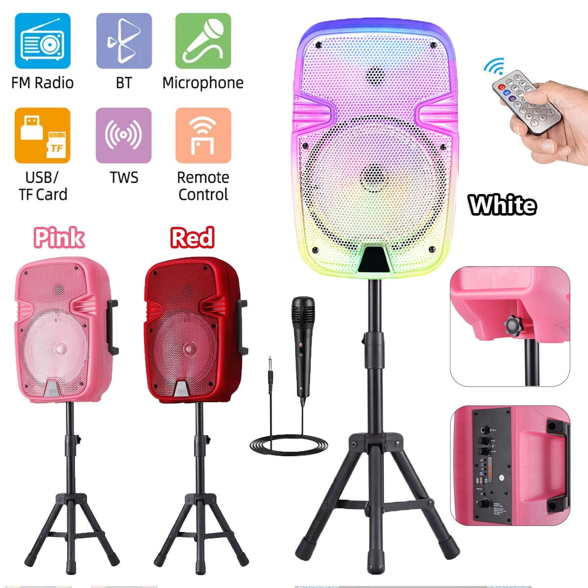 Portable Bluetooth Speaker 8" Woofer w/ Tripod Stand Microphone Remote Control Red LED, Clear Shell