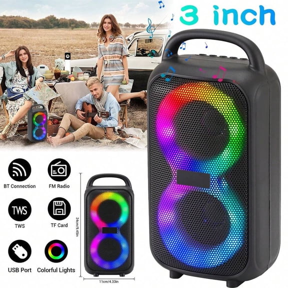 Portable Bluetooth Speaker Dual 3-In 4-In Woofer Wireless Stereo Speaker Subwoofer USB Rechargeable Heavy Bass LED Party PA Sound System AUX FM Remote Control LED Light Handle