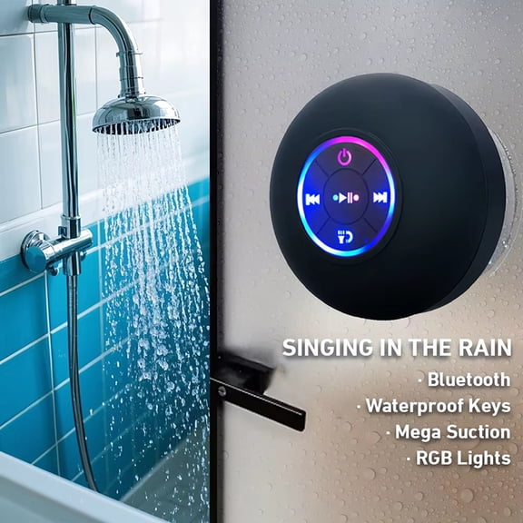 Portable Bluetooth Speaker, IPX4 Waterproof LED Light Suction Cup Speaker for Shower Bathroom Outdoor