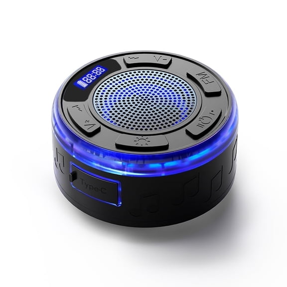 Waterproof Shower Speaker, IPX7 Waterproof Bluetooth Speaker with 7 Types of Lighting, Suction Cup, Hook Clip, Built-in Mic, Crystal Sound&Rich Bass, up to 8H Playtime, for Gifts, Black