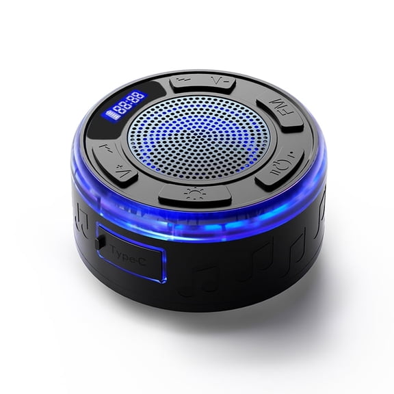Waterproof Shower Speaker, IPX7 Waterproof Bluetooth Speaker with 7 Types of Lighting, Suction Cup, Hook Clip, Built-in Mic, Crystal Sound&Rich Bass, up to 8H Playtime, for Gifts, Black