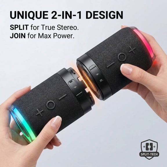 Portable Bluetooth Speaker with Magnetic 2-in-1 Design IPX4 Water Resistant, 12H Playtime, TWS Pairing, BT5.4, FM Radio 20W Subwoofer Stereo for Home, Party, Outdoor, Beach Dolphin Audio