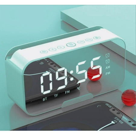 Portable Bluetooth Speaker, Mirror Clock, Dimmable LED Display, TF Card & AUX Playback, Digital Clock for Bedroom, Multifunction