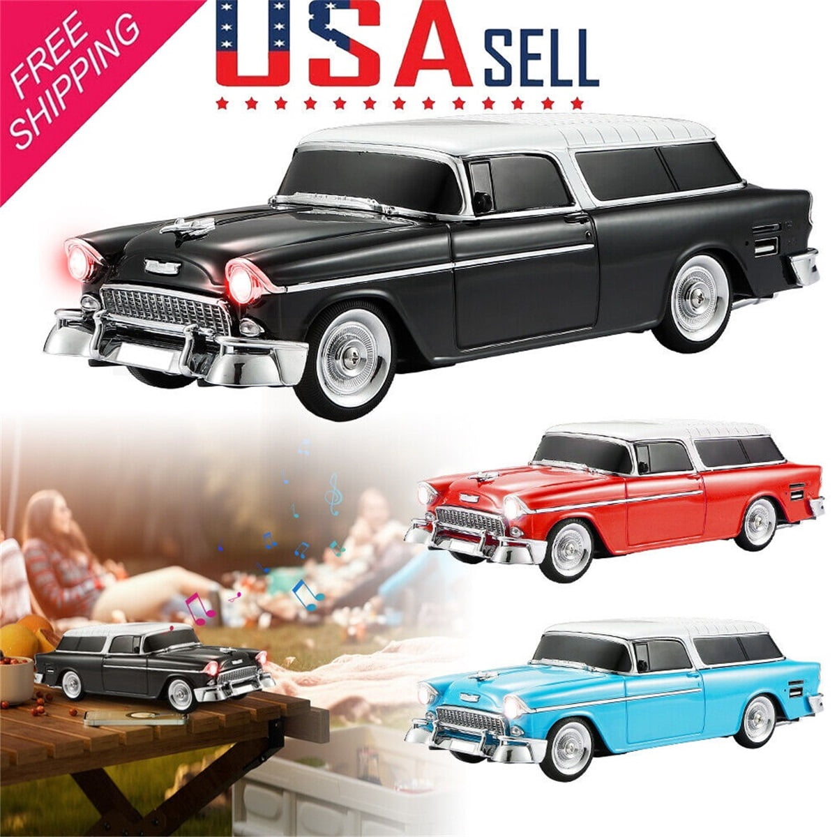Portable Bluetooth Speaker Rechargable 1955 Vintage Retro Car Portable Wireless FM AUX USB Black