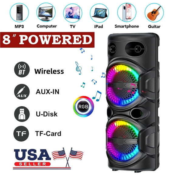 Portable Bluetooth Speaker with Subwoofer, Dual 8" Loud Subwoofer Rechargeable Indoor/Outdoor TWS Portable Speaker with Party Lights, FM / AUX / MP3 / USB Audio Input Karaoke Audio System