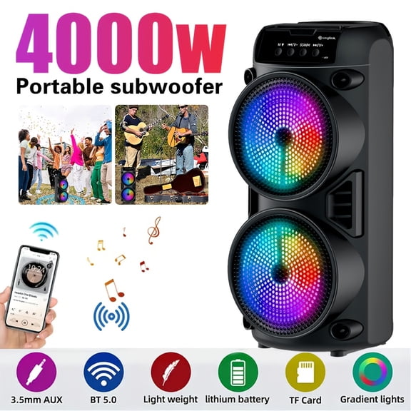 Portable Bluetooth Speaker with Dual Stereo Bass, RGB Lights, USB/TF/FM, Long Battery Life for Party Home Outdoor