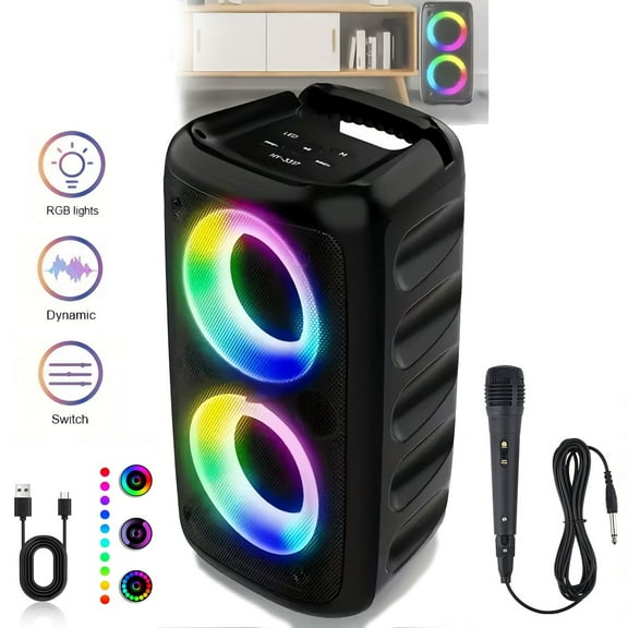 Karaoke Machine, Portable Bluetooth Speaker with LED Lights, TWS Pairing, 2400mAh Rechargeable, TF Card/AUX Input, for Home Party, Outdoor, Travel