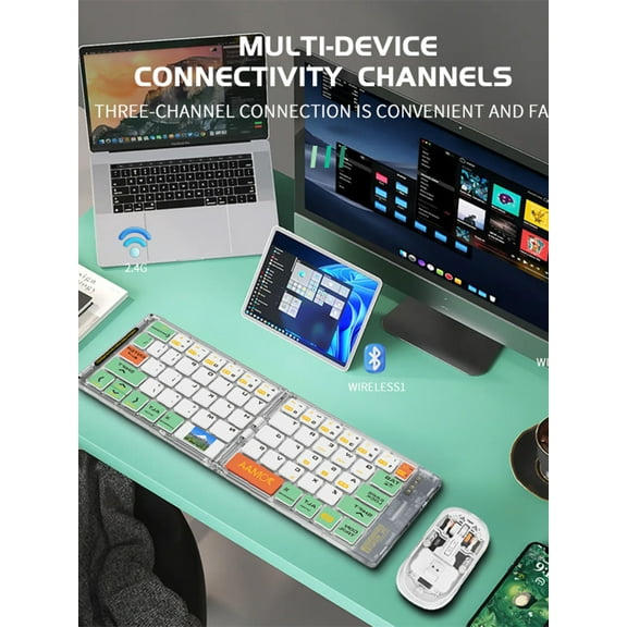 Portable Bluetooth5.1 Dual Modes Wireless Transparent Keyboard Mouse Combo Folding Keyboard with 2400DPI Silent Mouse for Laptop