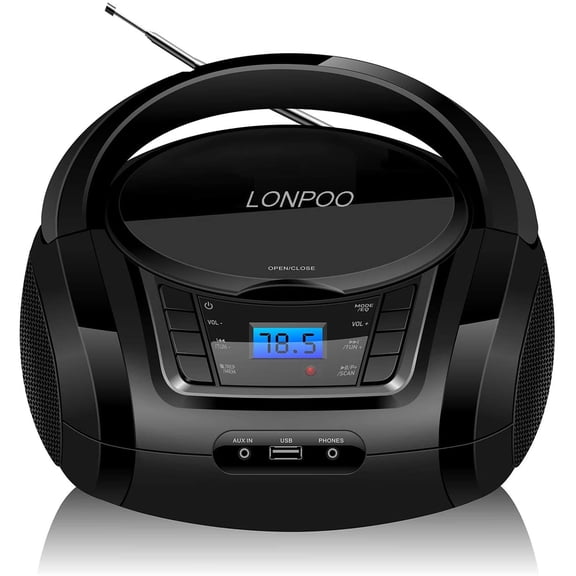 Portable Boombox - CD Player, Bluetooth, USB, MP3, AUX, FM Radio, Portable, Built-in Stereo Speakers, Carrying Handle, LCD Display, Black