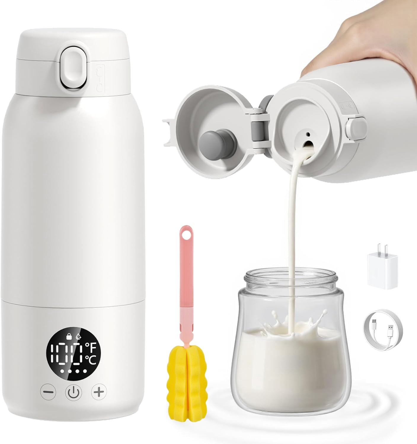 Portable Bottle Warmer for Baby – Fast Heating Milk Warmer for Travel, Breast Milk & Formula, 17oz Leak-Proof Stainless Steel, IPX6 Waterproof, Rechargeable with Long Battery Life with Cleaning Brush