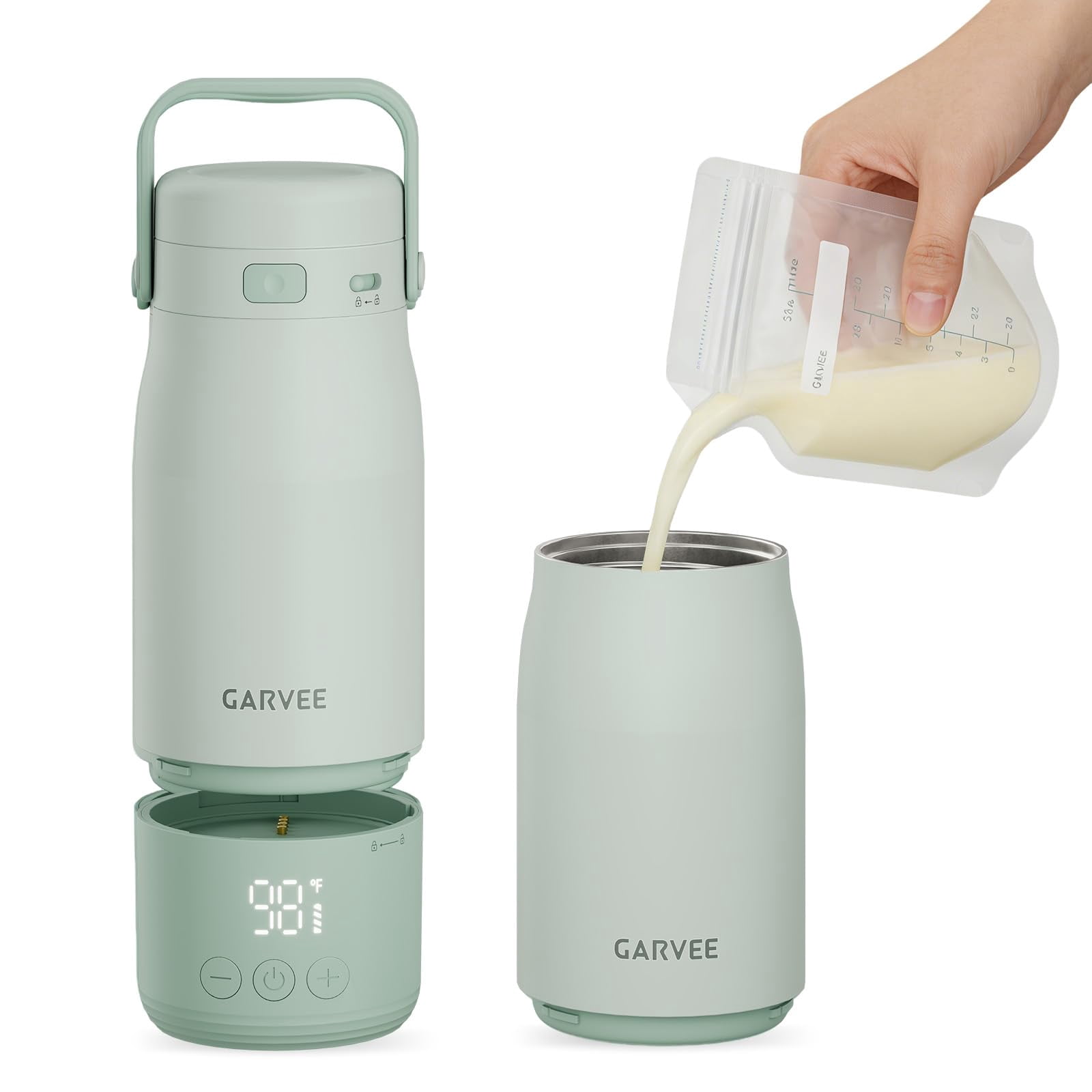 Portable Bottle Warmer for Travel, Baby Milk Warmer with LED Display, 1℉ Precise Adjust, Dishwasher Safe, USB-C Rechargeable, 17oz, 316 Stainless Steel, Thaw, Keep Warm, for Breastmilk Formula