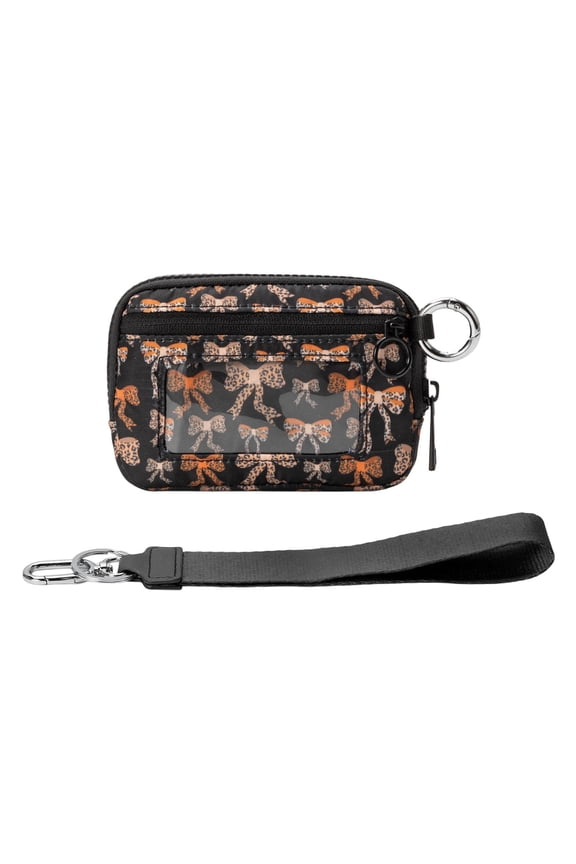 Portable Bow Patterns Wallet,Wristlet Handbags for Women, Waterproof Nylon Keychain Wallet, Zip Card Case with ID Window