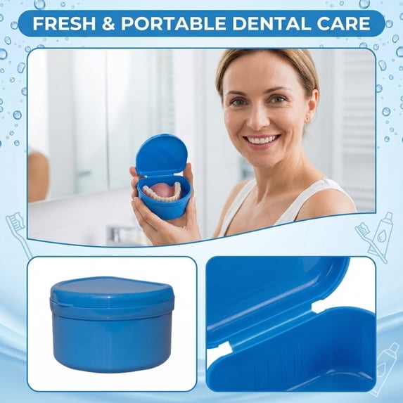 Portable Braces Cleaning Box, Denture Cleaner Container with Built-in Brush, Travel Teeth Case for Retainer and Aligner, Home and Hotel(Blue)