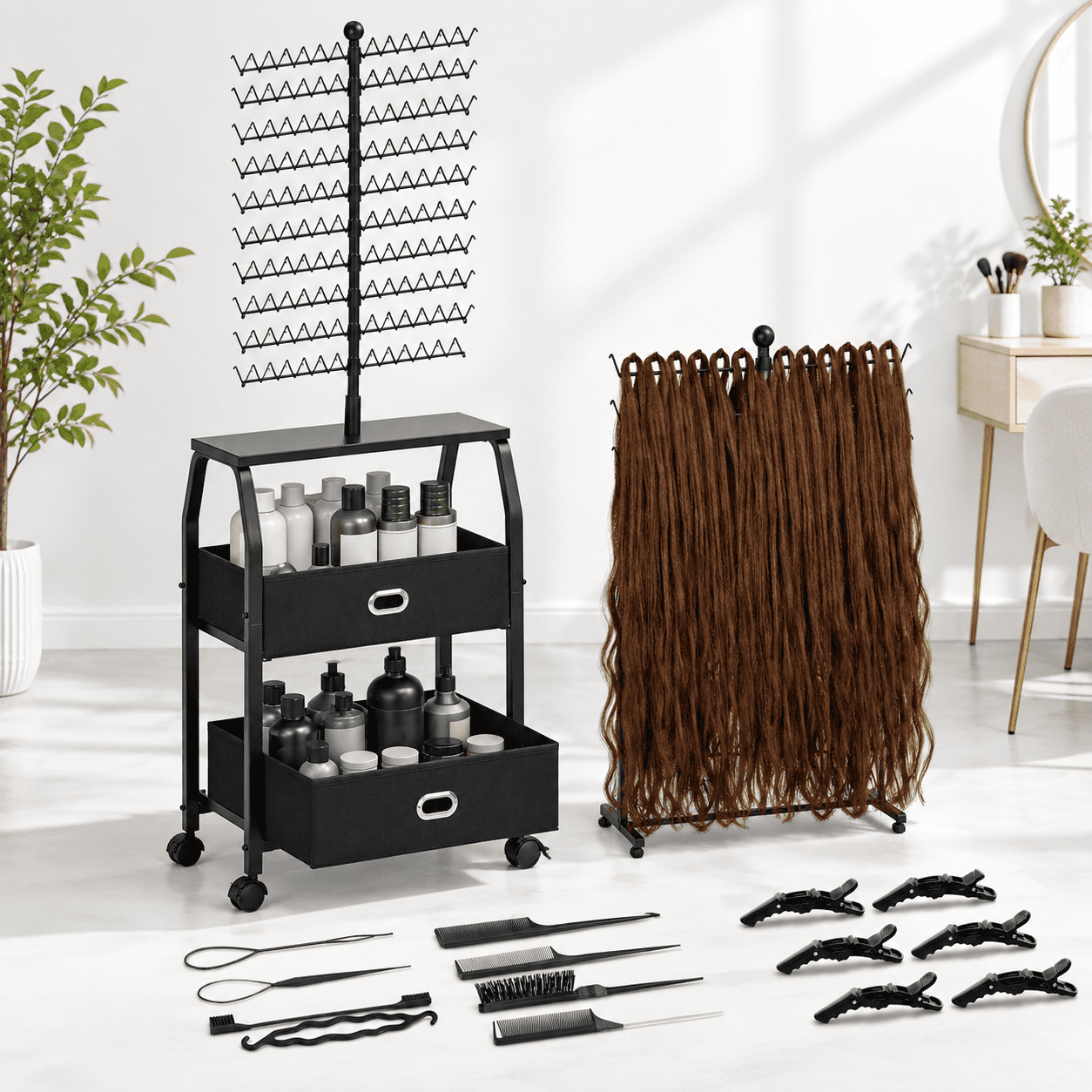 Portable Braiding Hair Rack With Wheels & Stordrawers 280 Pegs ...